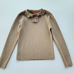 Lulu Tan Brown Knit Top Longsleeves Ruffled Peterpan Collar Sweater